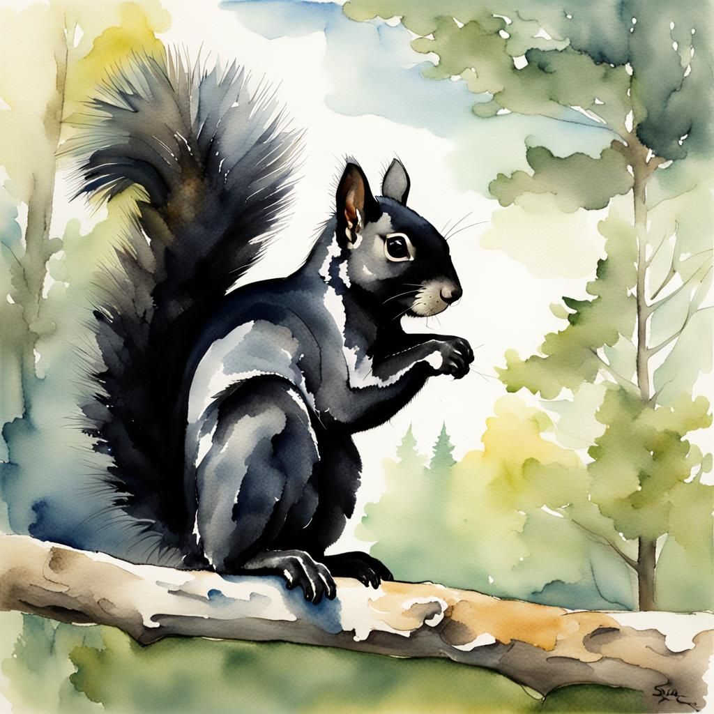 Watercolor of Black Squirrel with White Markings