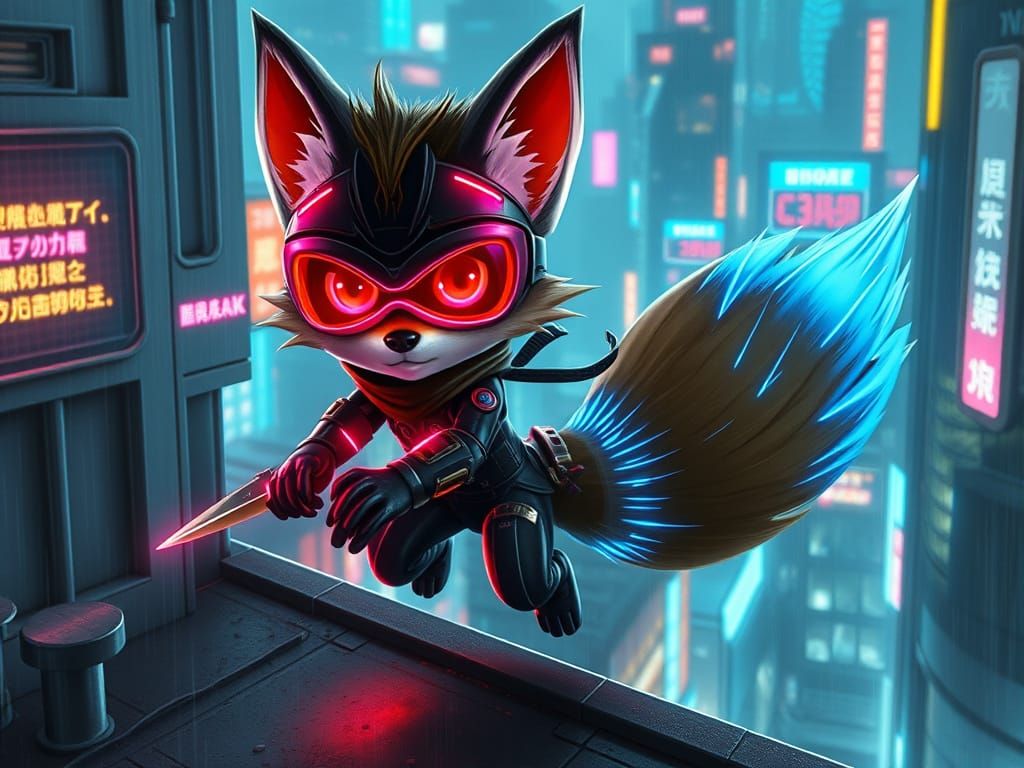 Cyberpunk Ninja Fox in Neon Metropolis