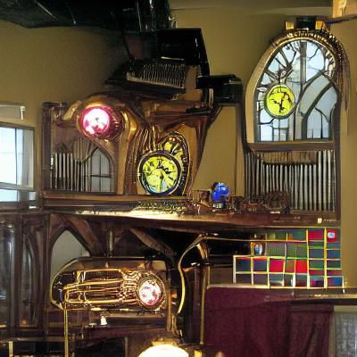 Steampunk Clock and Piano Room with Stained Glass