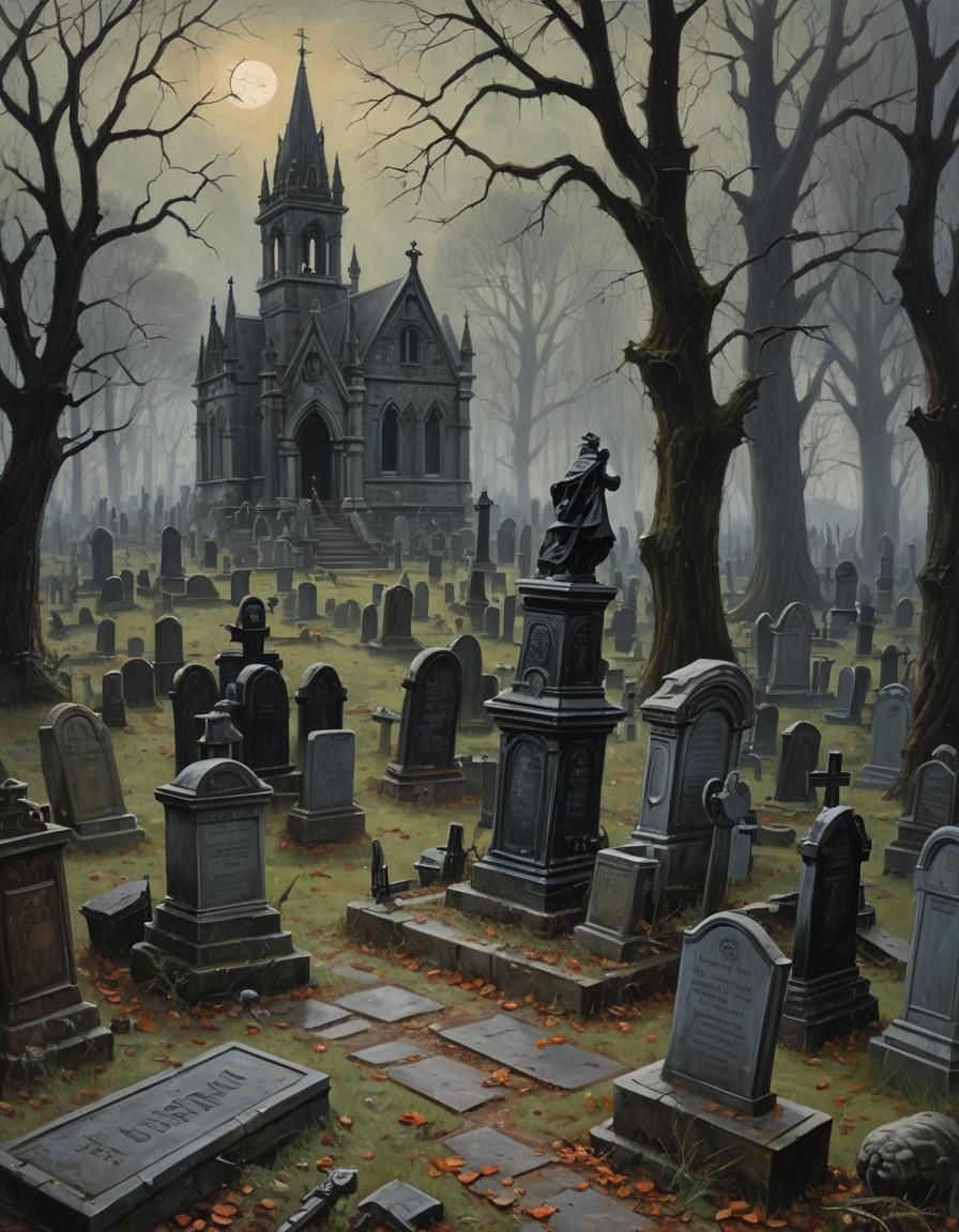 Gothic Victorian Graveyard Horror Oil Painting