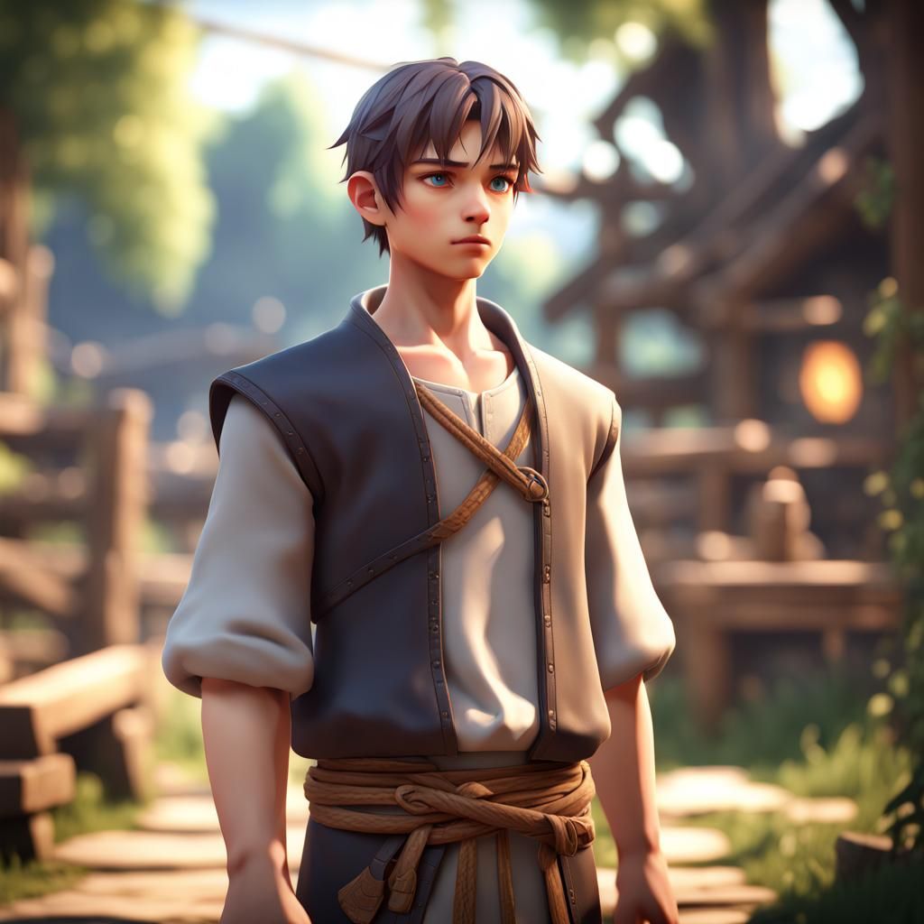 Sad Anime Villager Man in 3D Cinematic Style