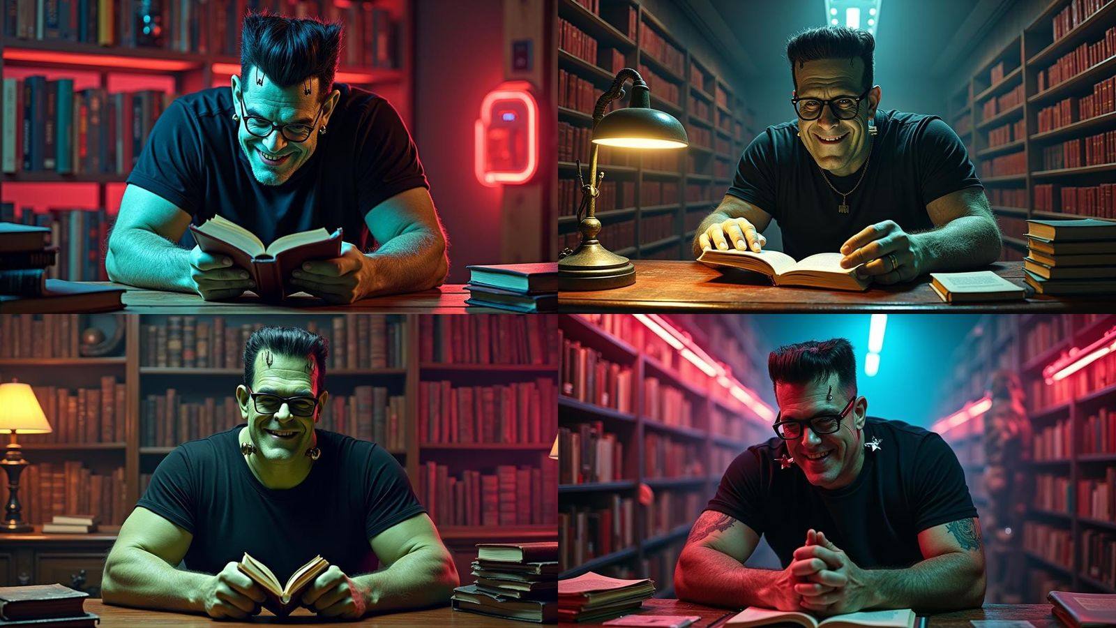Frankenstein Reads in Synthwave Neon Style
