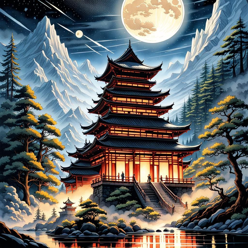 Ronin Samurai Castle in Watercolor Comic Art