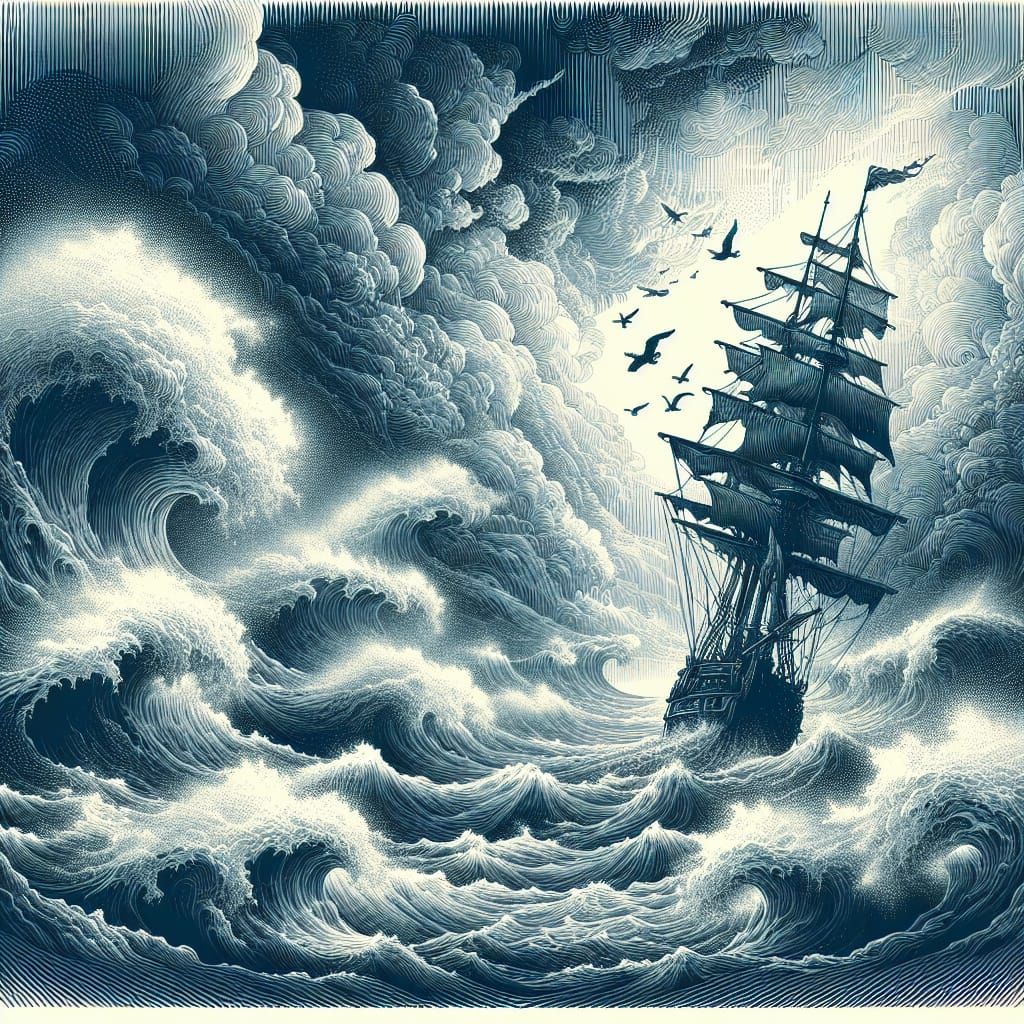 Monochromatic Tempest: Detailed Ship in Blue Ink