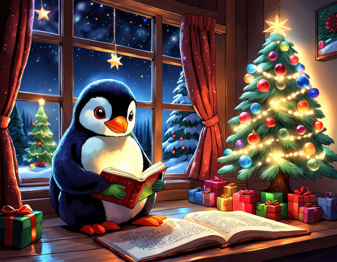 Festive Christmas Penguin in Cozy Library