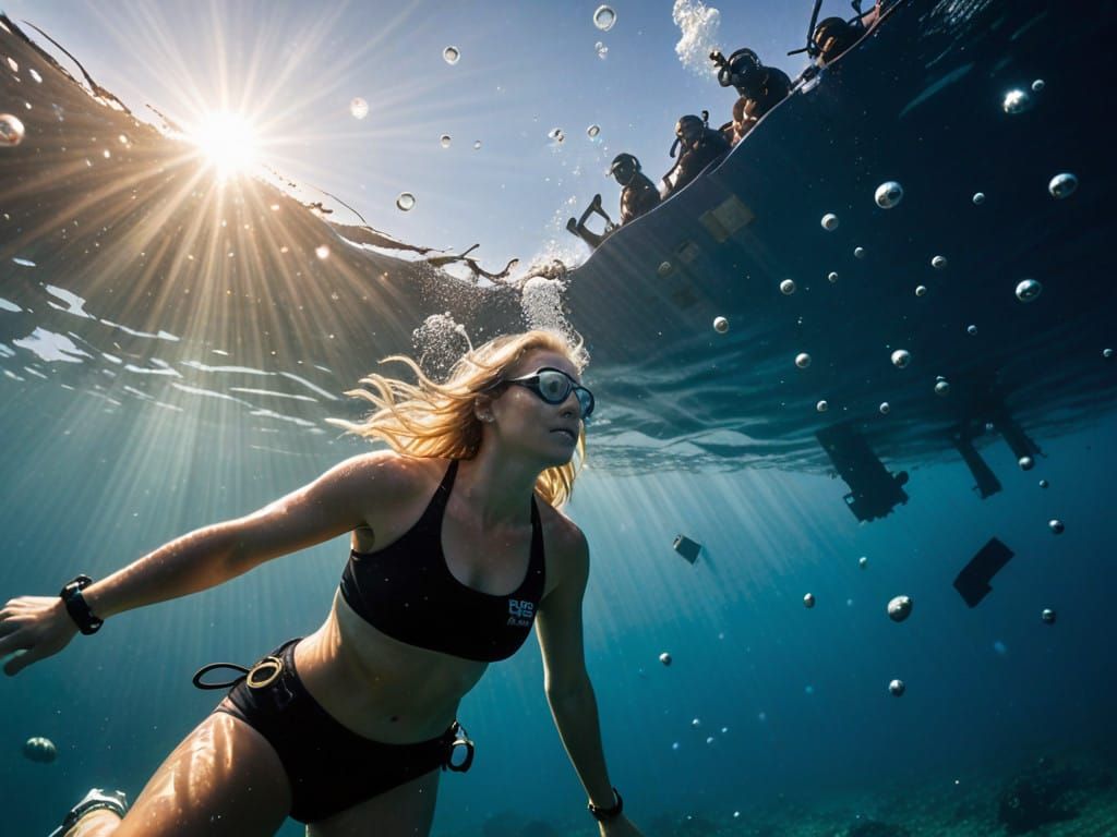 Bikini-Clad Diver Swims Near Sunlit Shipwreck