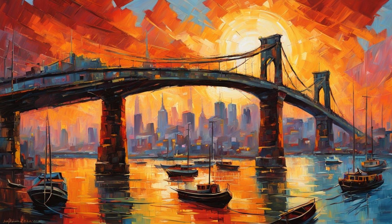 Epic Ashcan Style Oil Painting of a Colossal Suspension Brid...