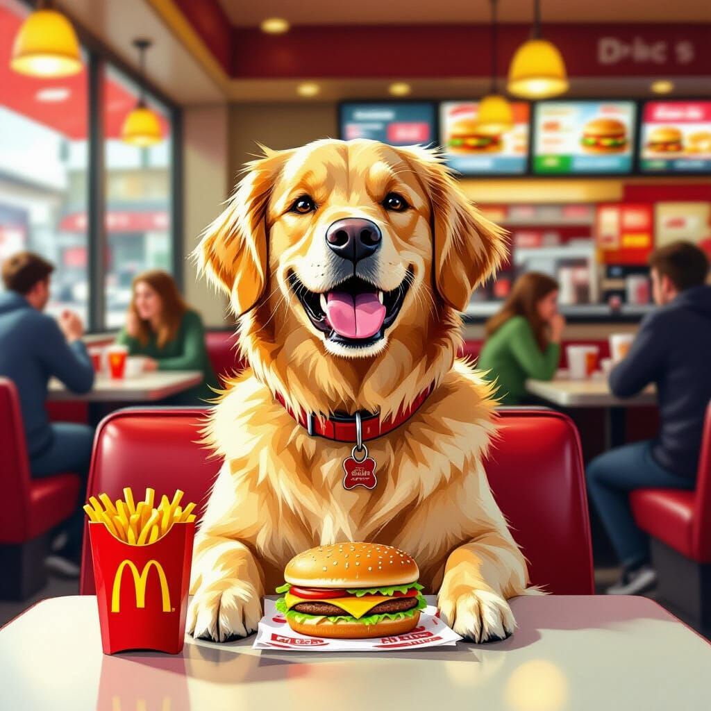 Golden Retriever Enjoys McDonald's Meal: Digital Art
