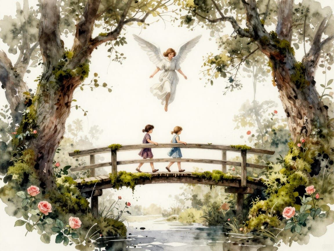 Angel Guides Children Over Mossy Bridge in Watercolour Style