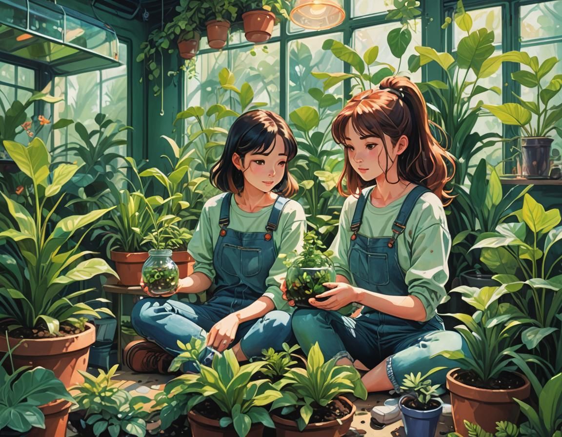 90s Anime-Inspired Botanists in Lush Terrarium