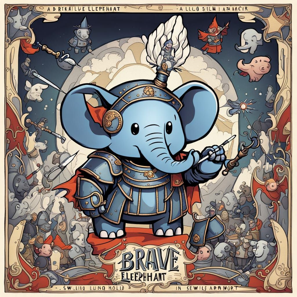 "Fantasy Animal Characters" 

A brave ELEPHANT in patched armor holding a sewing needle sword.