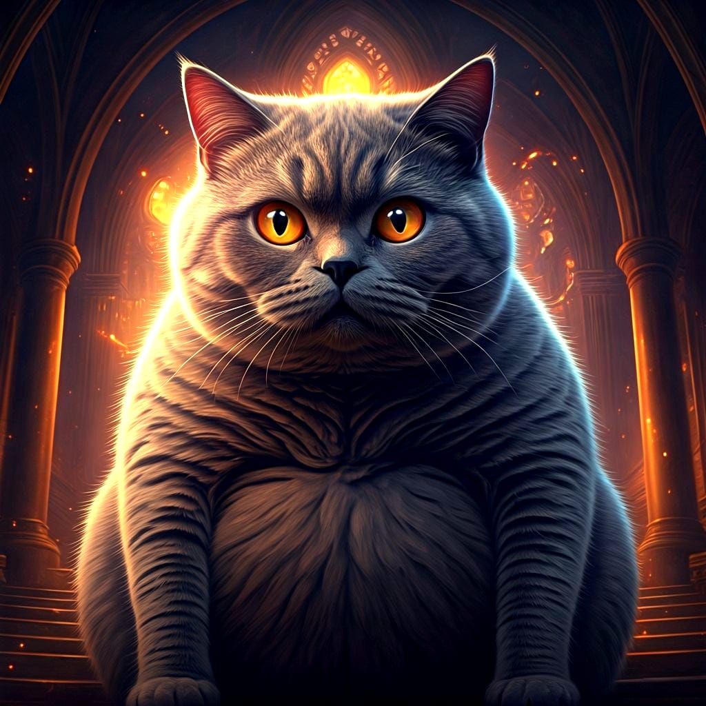 Chubby British Shorthair Cat with Glowing Eyes