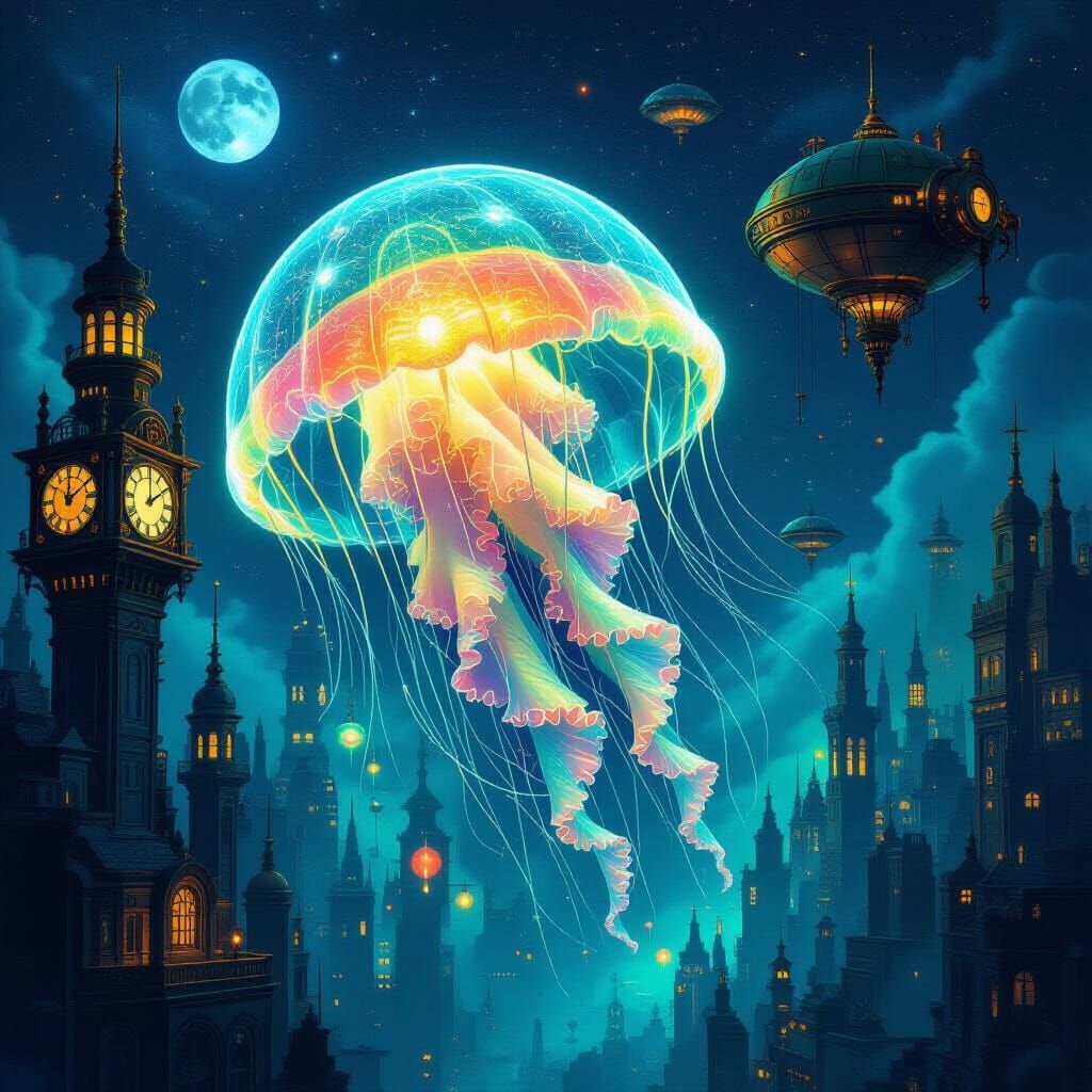 Bioluminescent Jellyfish in Steampunk Cityscape