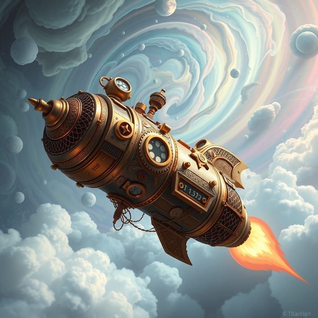 Steampunk Rocket Soars Through Vibrant Dreamscapes