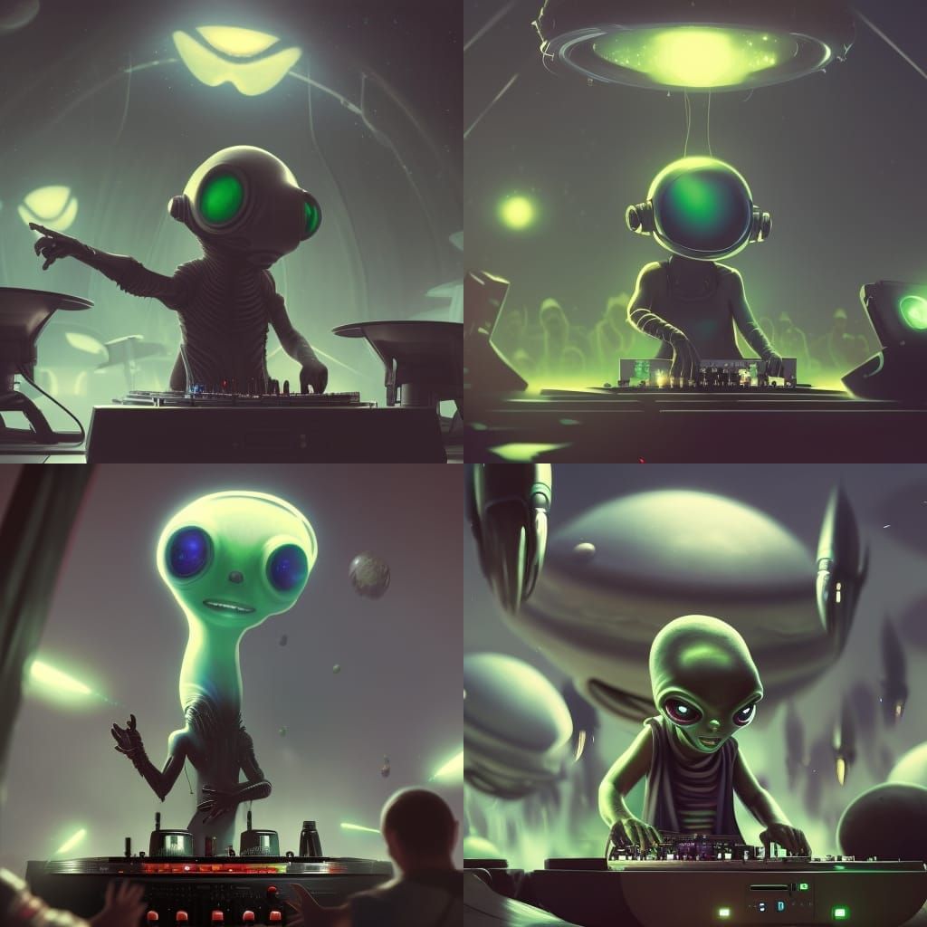 Alien DJ Plays for Crowd: Hyperdetailed Dark Fantasy
