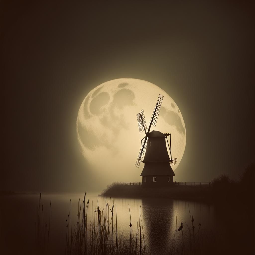 Windmill in a foggy hazy atmosphere, with the moon behind it.