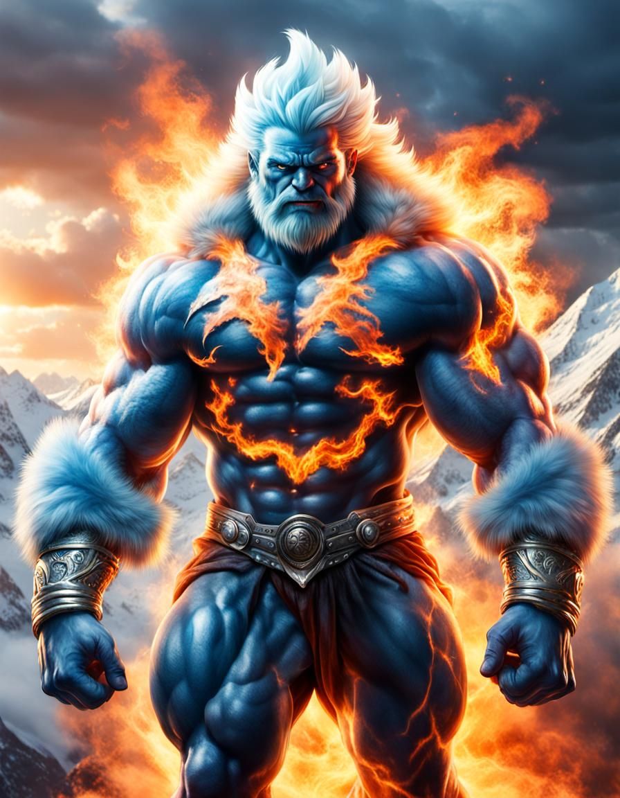 Fire and ice monster massive muscular muscle Man with lots of fur