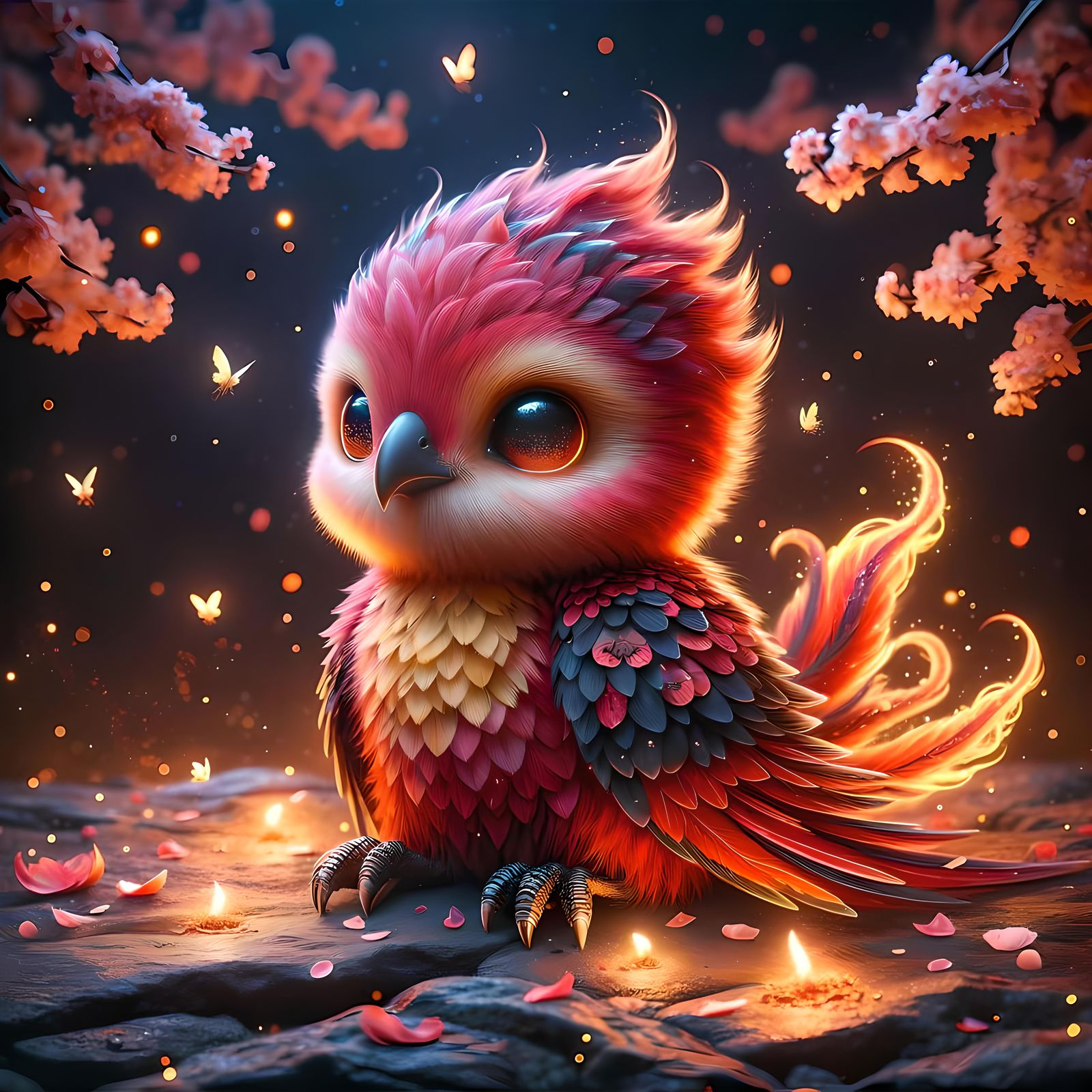 Adorable Baby Phoenix in Enchanted Night, Digital Art