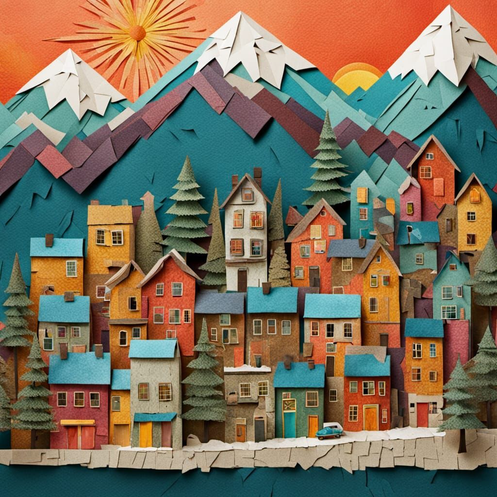 Mountain Town Built From Paper Art
