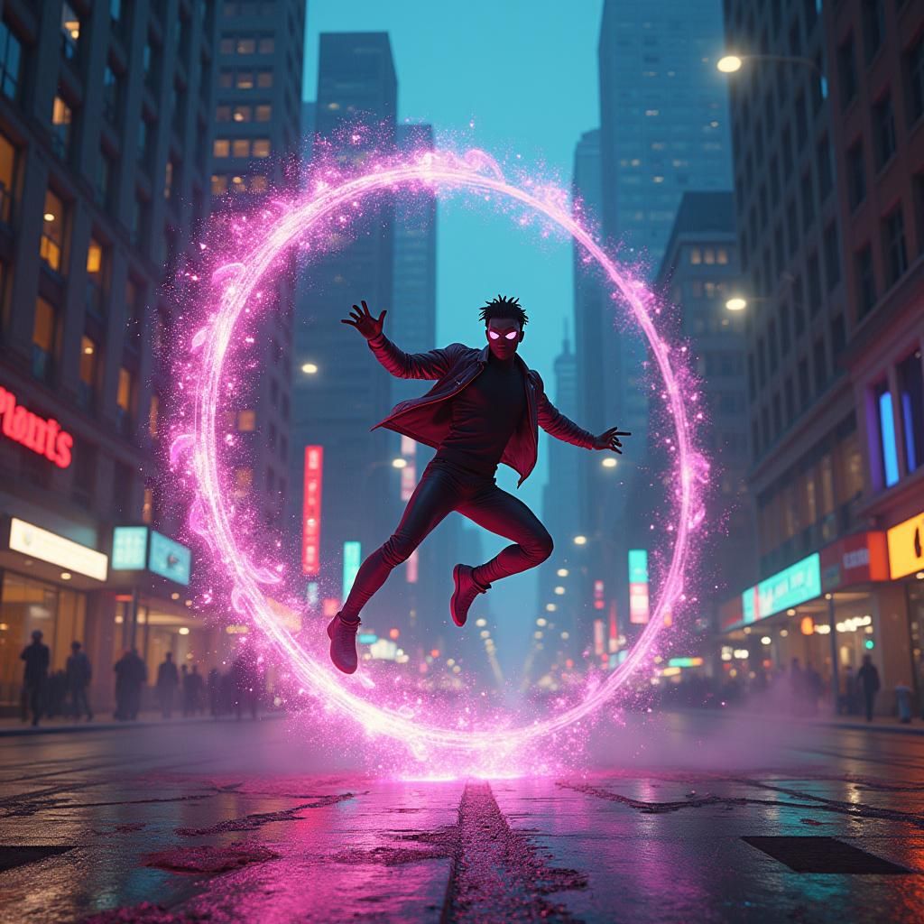 Miles Morales vs Spot in Cyberpunk Cityscape