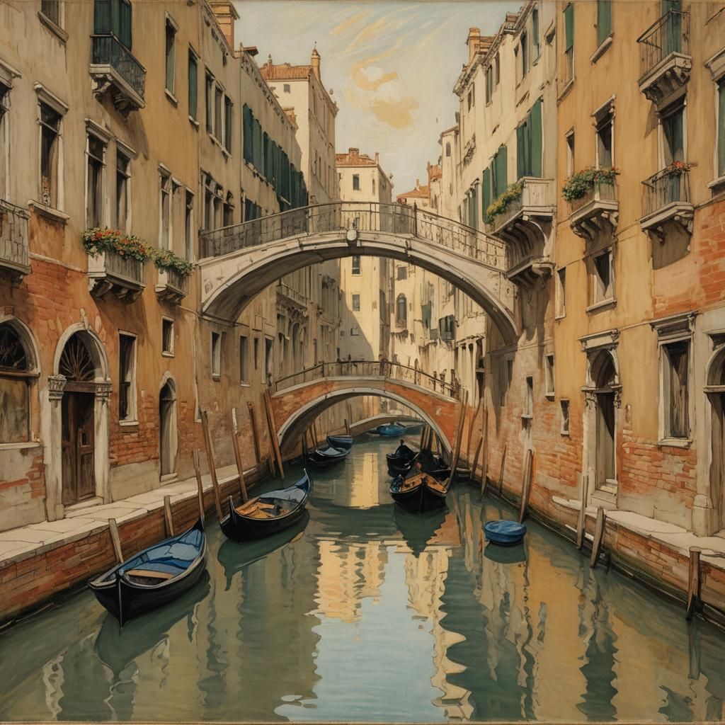 Venice Canal in Warm Colors, Painterly Style