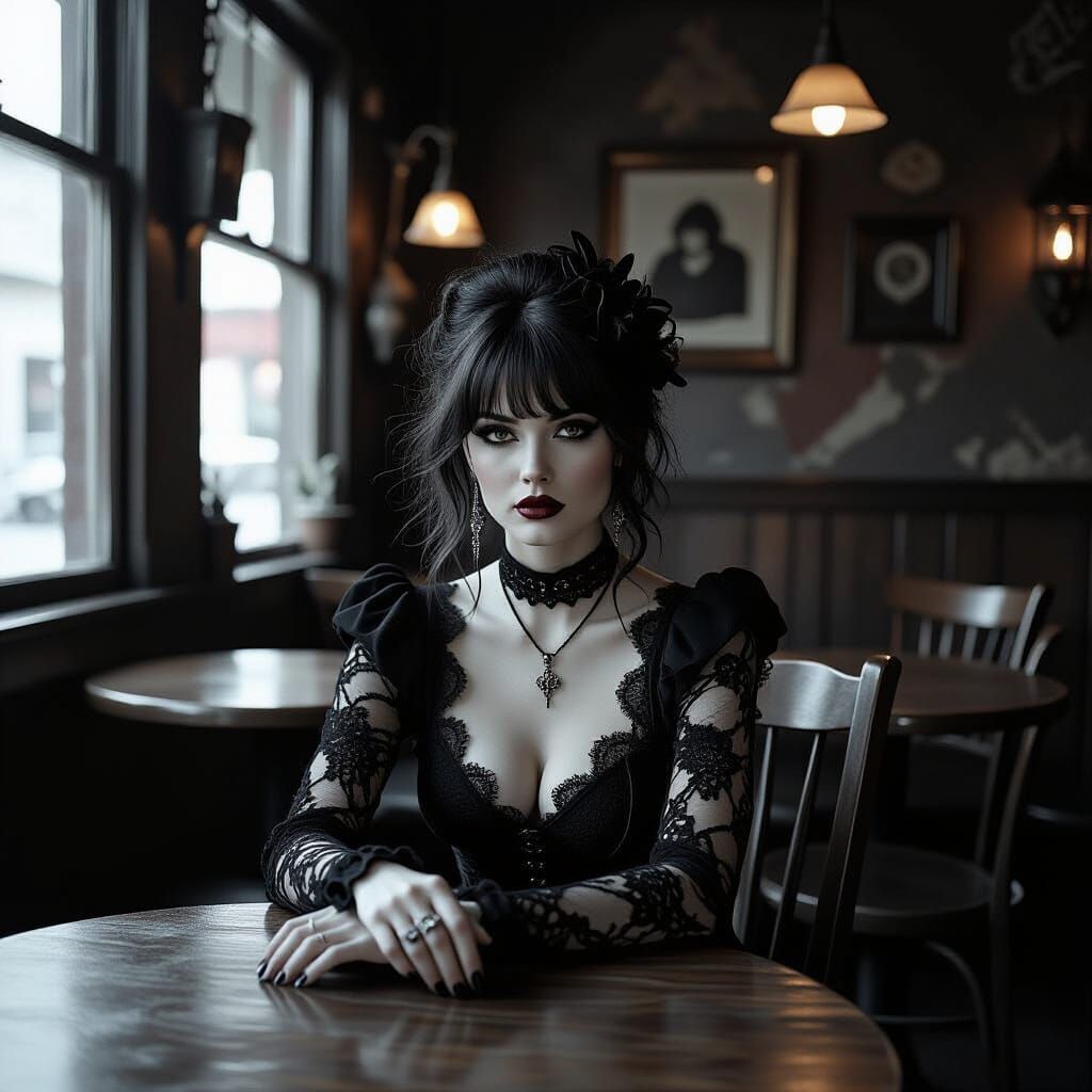 Goth Model in Coffee Shop: Black and White Photography