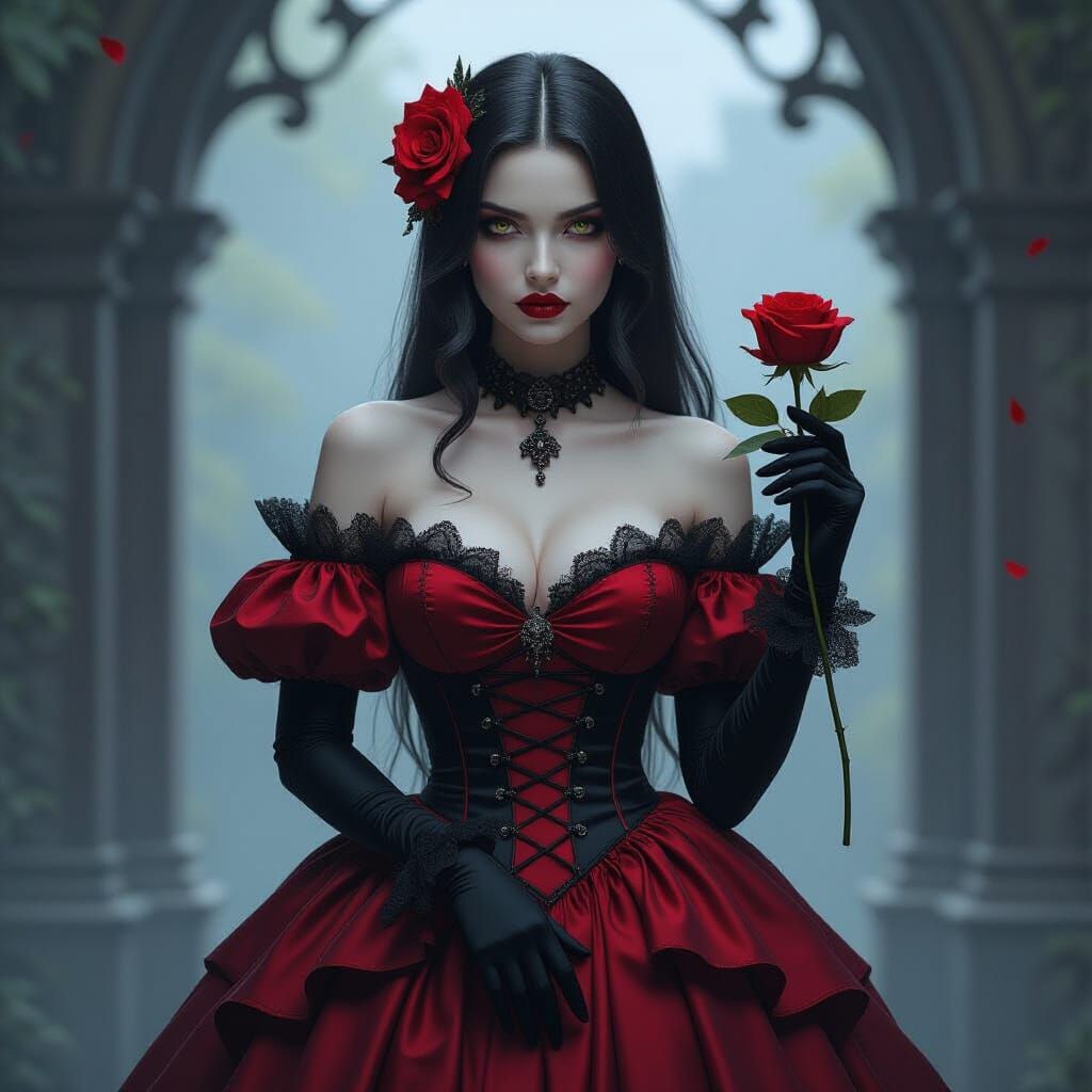 hyper-realism, portrait of a goth lady in a red and black go...