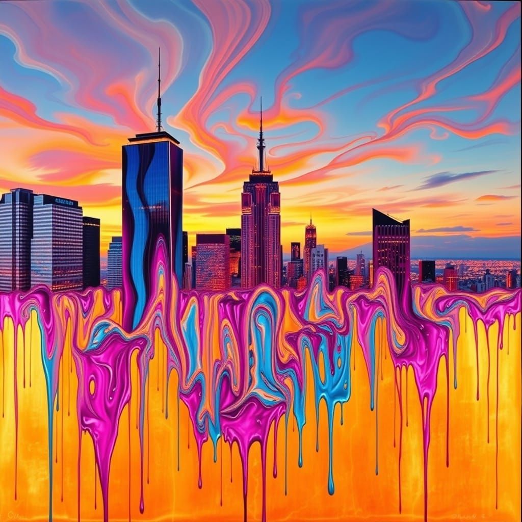 Melting City Skyline at Dusk in Vibrant Colors