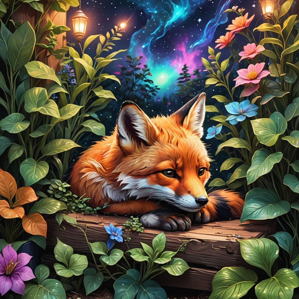 Sleeping Fox Cub: Holographic Astral Illustration