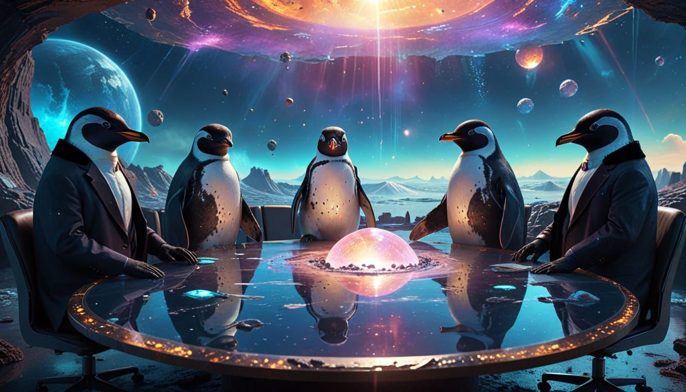 Penguin Executives Meeting on Asteroid in Pastel