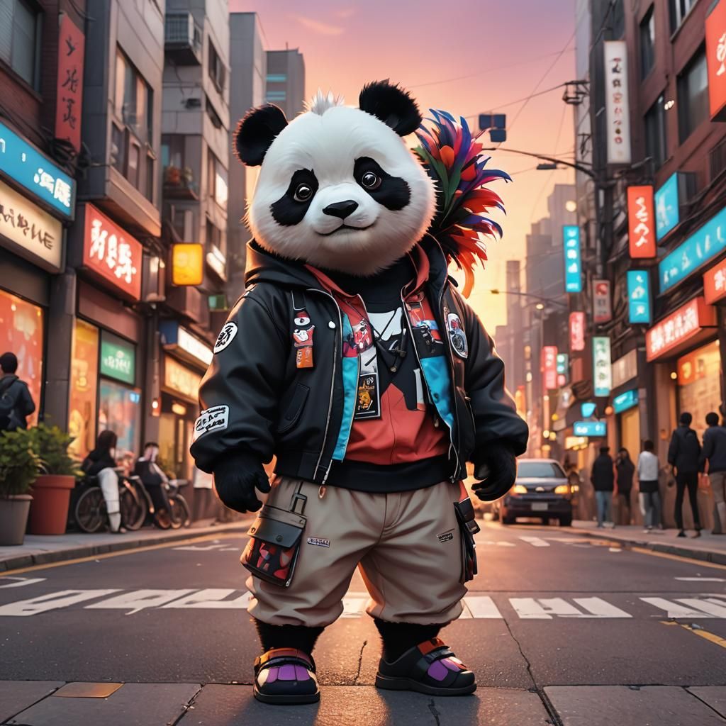 Trendy Panda with Mohawk in Vibrant Cityscape