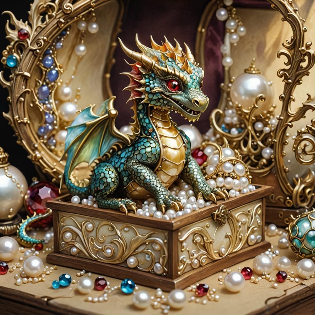 Baby Dragon in Jewelry Box: Whimsical Fantasy Art