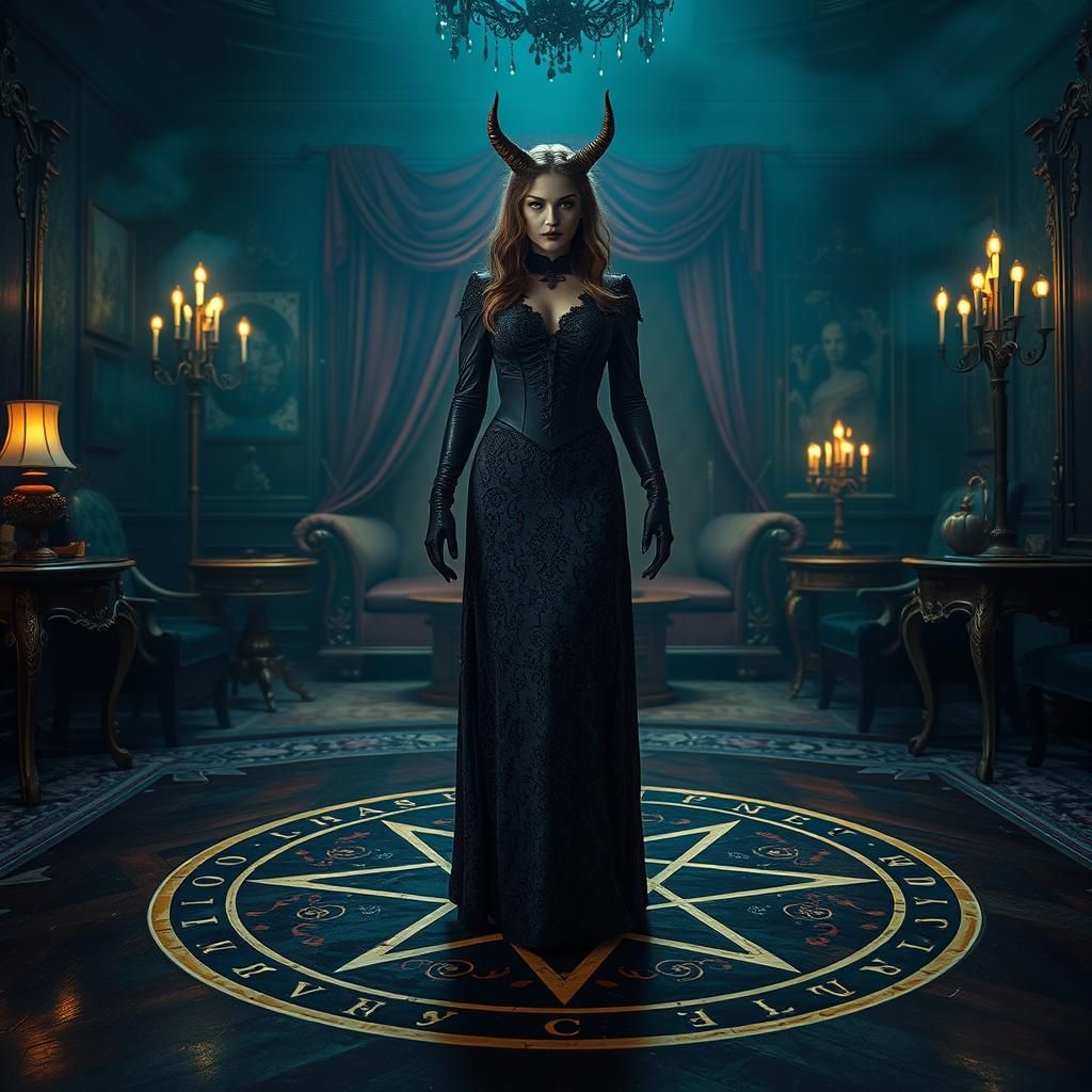 Victorian Woman with Demonic Eyes in Occult Setting