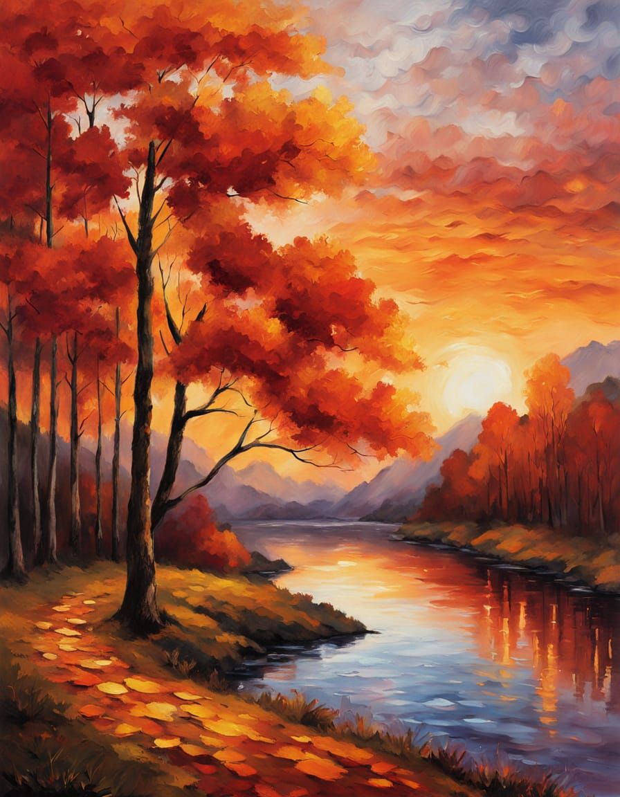 Autumn Waterfall Impasto Painting at Sunset