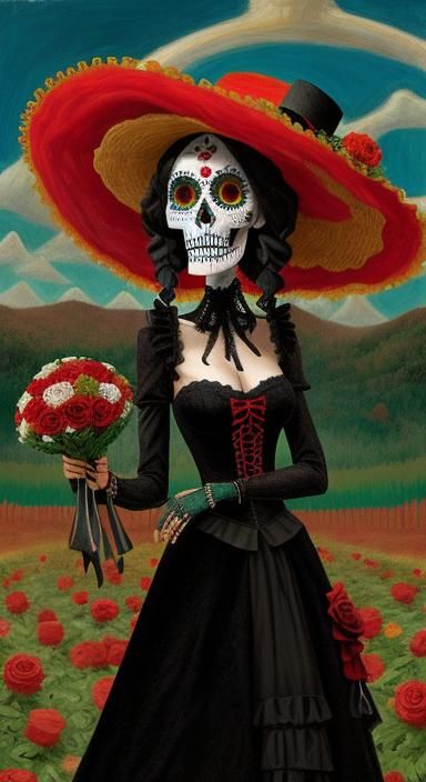 La Calavera Catrina with Flowers in Expressionist Style