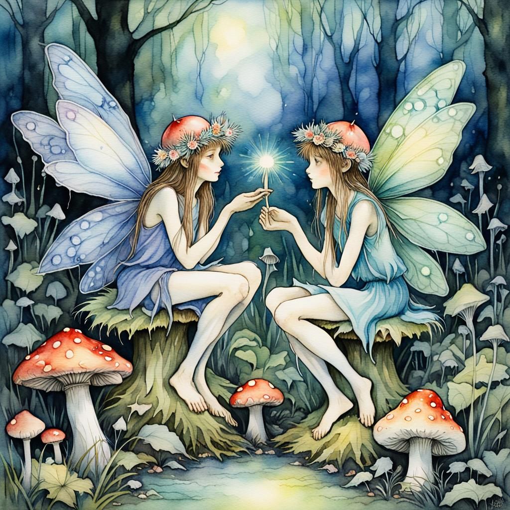 Enchanting Fairies in Watercolor, Mystical Forest Scene