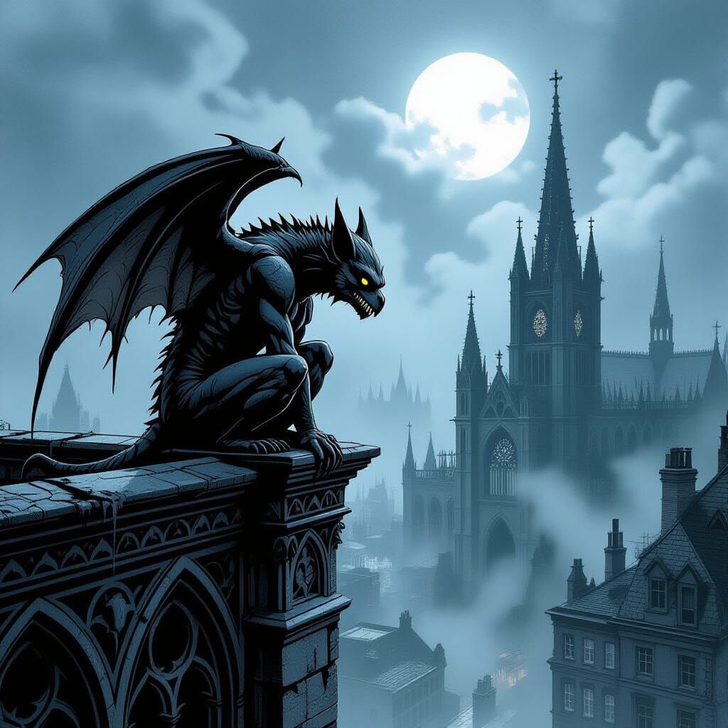 Gargoyle Overlooking Foggy Gothic City in Dark Fantasy Comic...