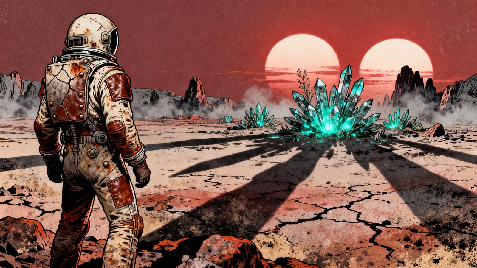 Astronaut on Crimson Planet Under Twin Suns