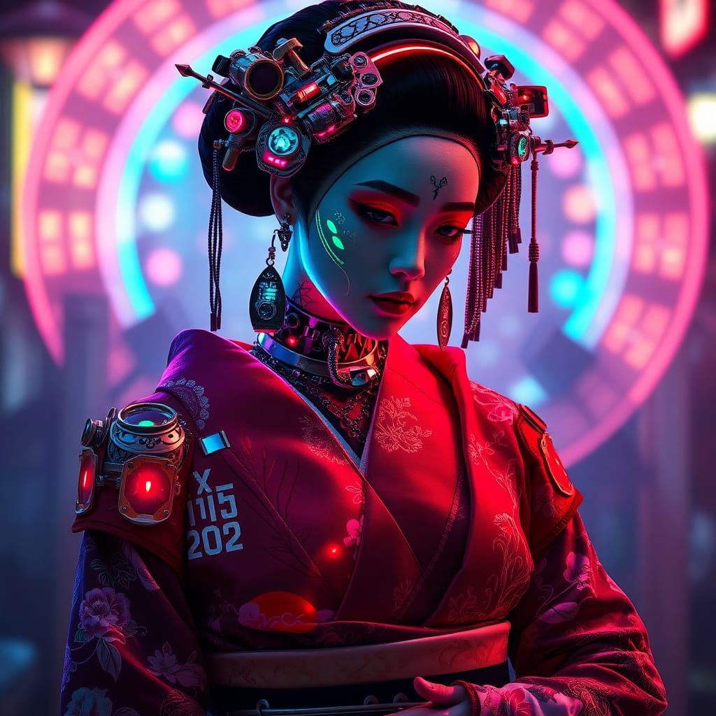 Cyberpunk Geisha with Neon Tattoos and Cybernetic Enhancemen...
