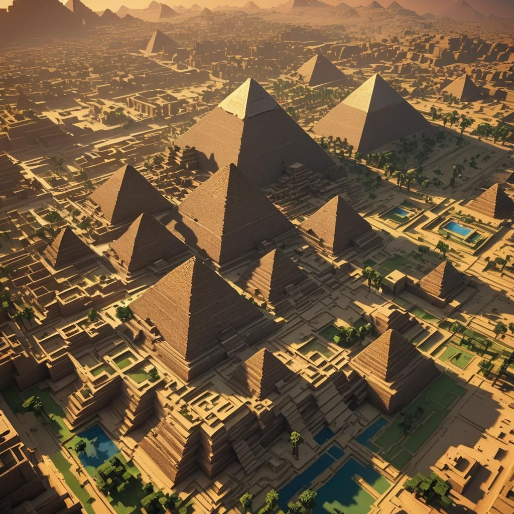 Giza Pyramids Sunset Reflection in Minecraft Style