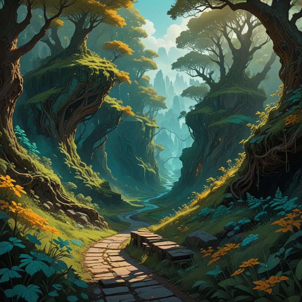 Mystical Road Through Vibrant Fantasy Forest