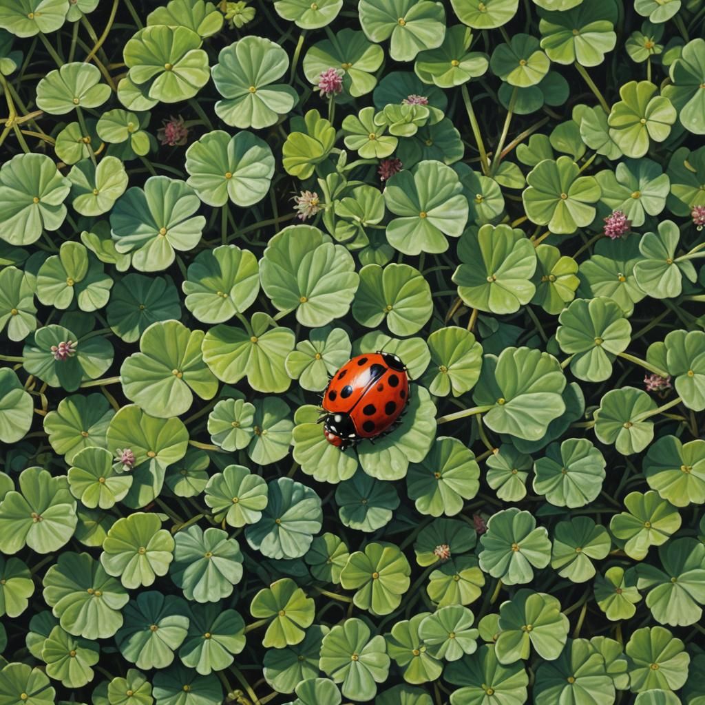 Ladybug Crawling on Clover Leaf as Oil Painting