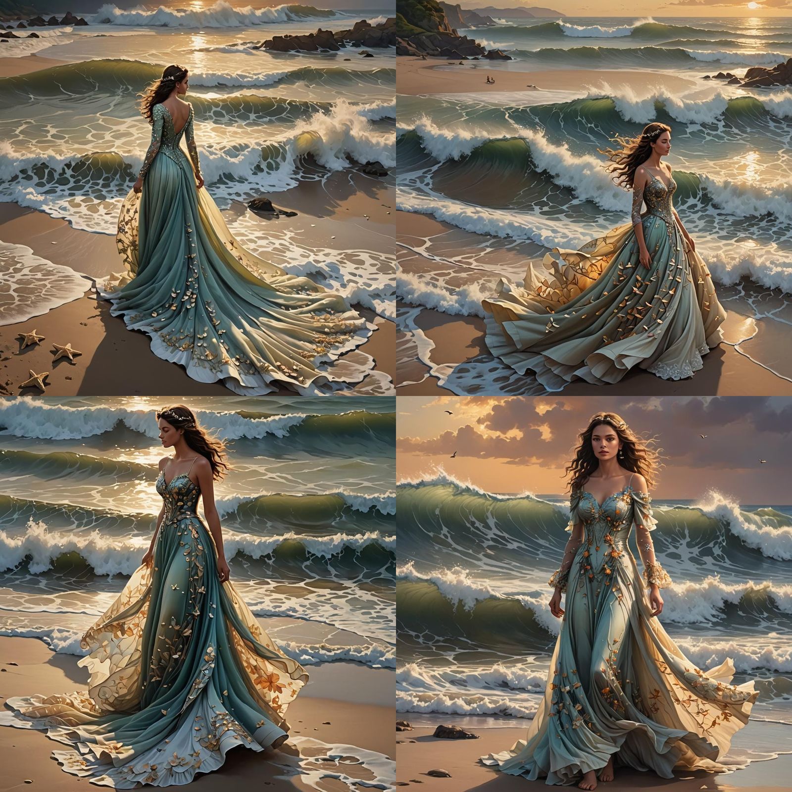 Dreamy Woman in Ocean Wave Dress at Sunset