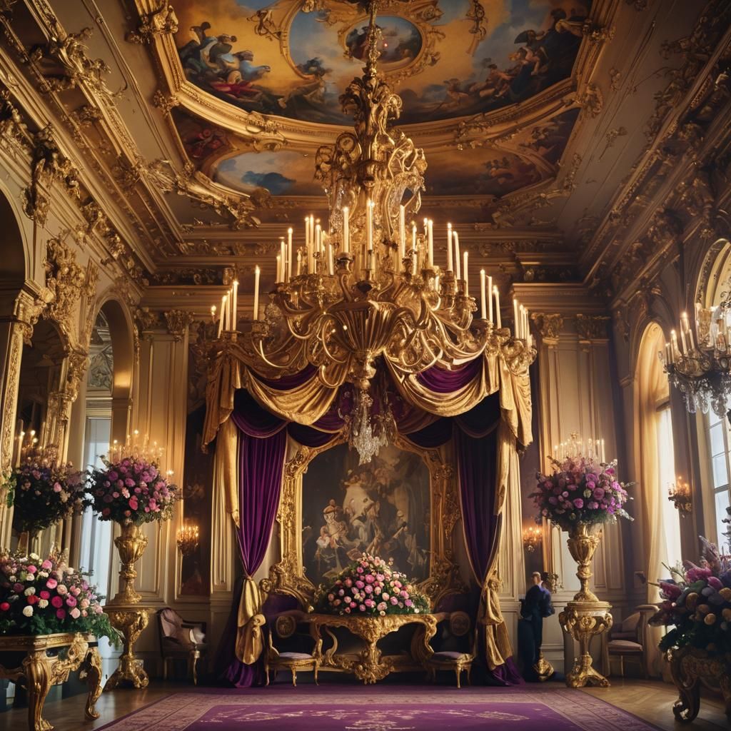 Opulent Palace Interior with Golden Banner, Baroque Style
