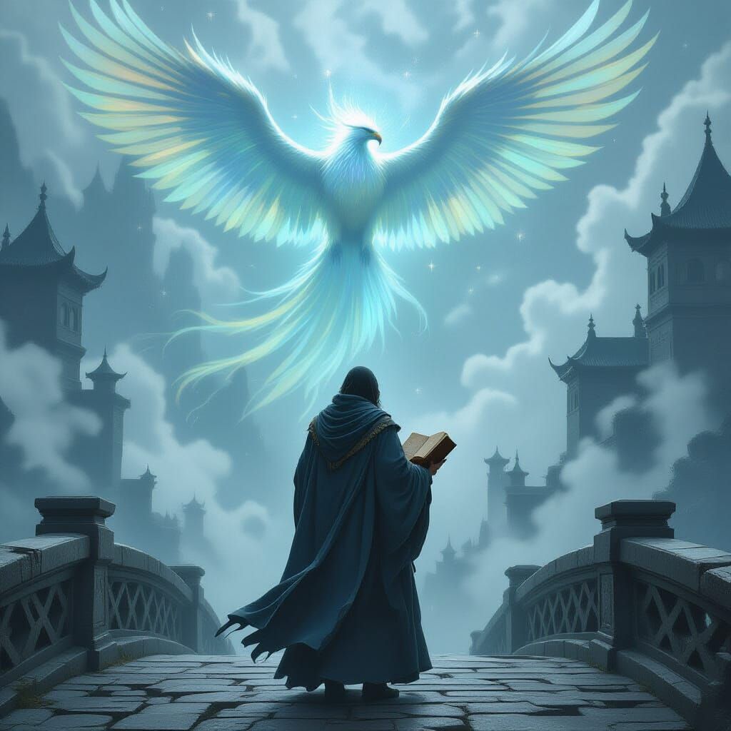 Scholar and Griffin Spirit on Ancient Bridge