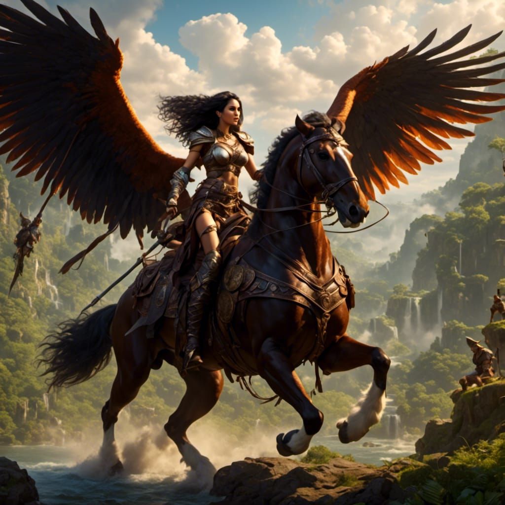 Amazon Warrior on Griffon Enslaving Wizard