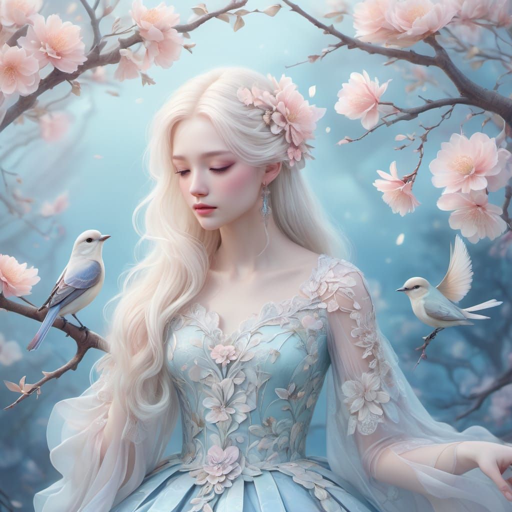 Elegant Woman in Rococo Dress on Flowering Branch