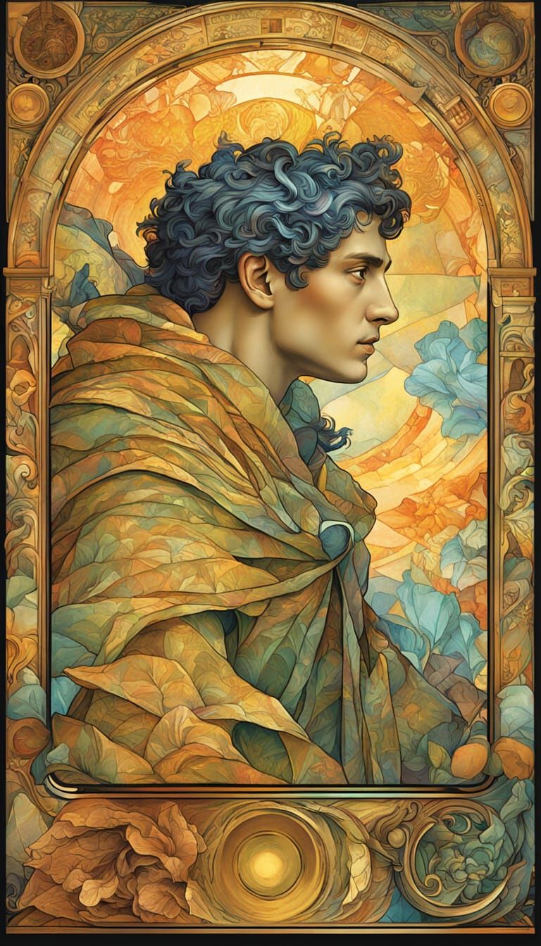 Muscular Greek God Holding Fiery Goblet in Art Deco Style