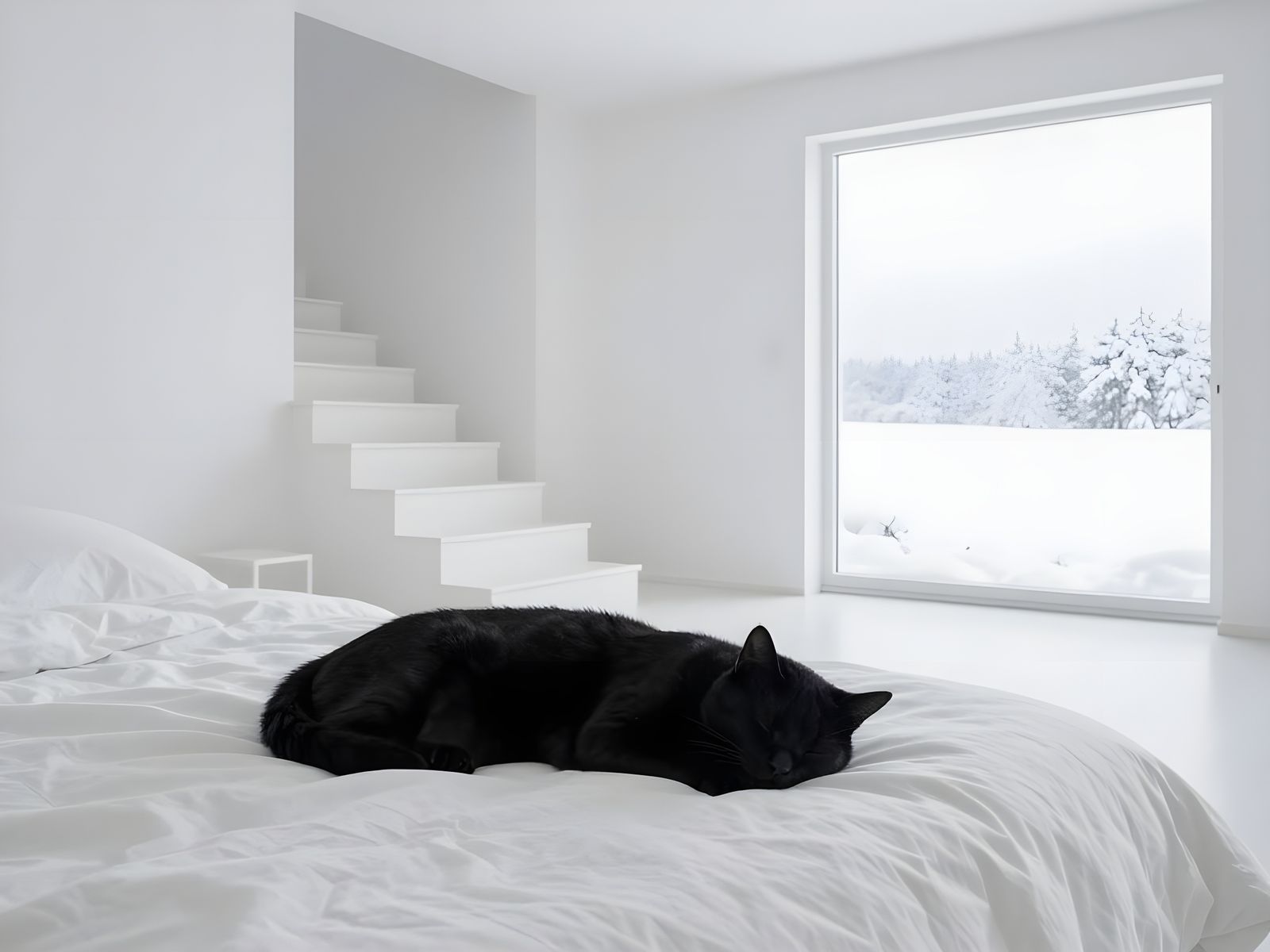 Black Cat in an All-White Room with Winter Landscape