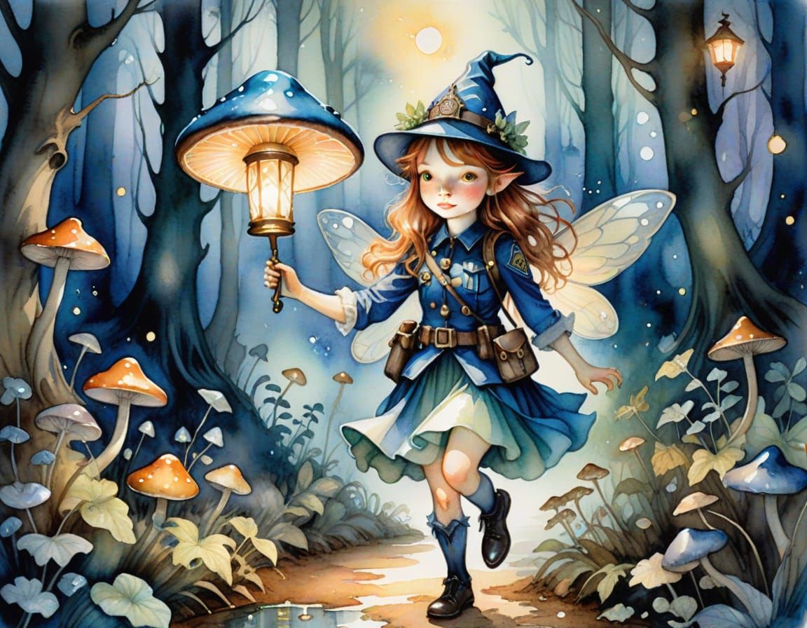 Fairy Police Officer in Enchanted Forest: Watercolor